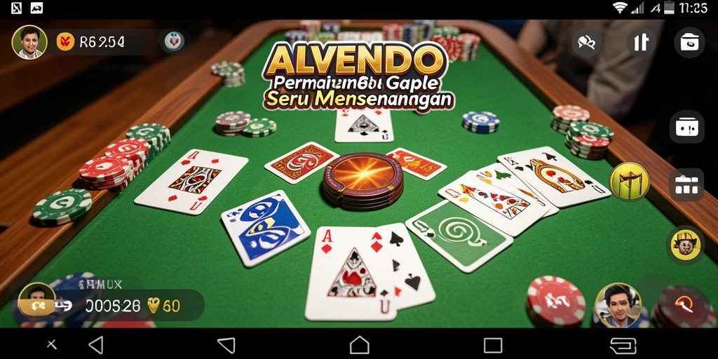 Tampilan utama gameplay seru dalam ALVENDO yang menampilkan berbagai kartu dan pemain.