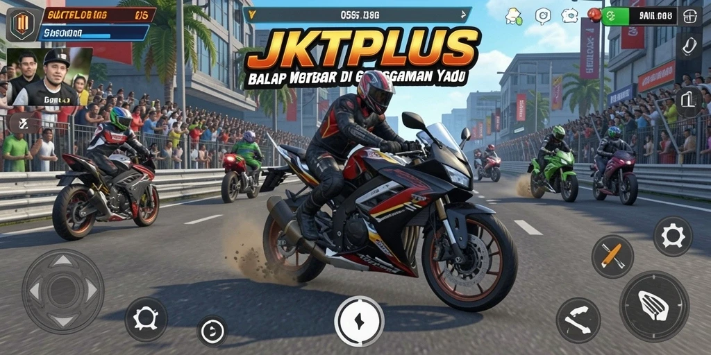 Gameplay seru JKTPLUS dengan balapan motor yang mendebarkan.