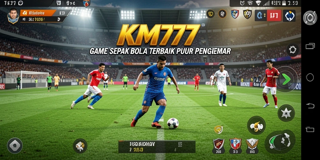 Gambar gameplay KM777 yang menampilkan aksi seru di lapangan sepak bola.