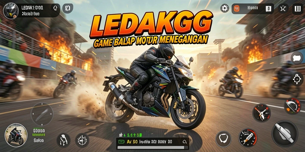 Gameplay menegangkan dalam balap motor LEDAKGG yang seru.
