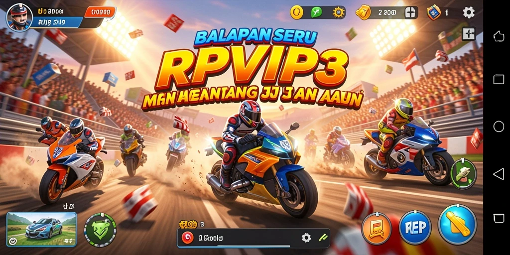 Screenshot gameplay RPVIP3 menampilkan balapan mendebarkan di lintasan.